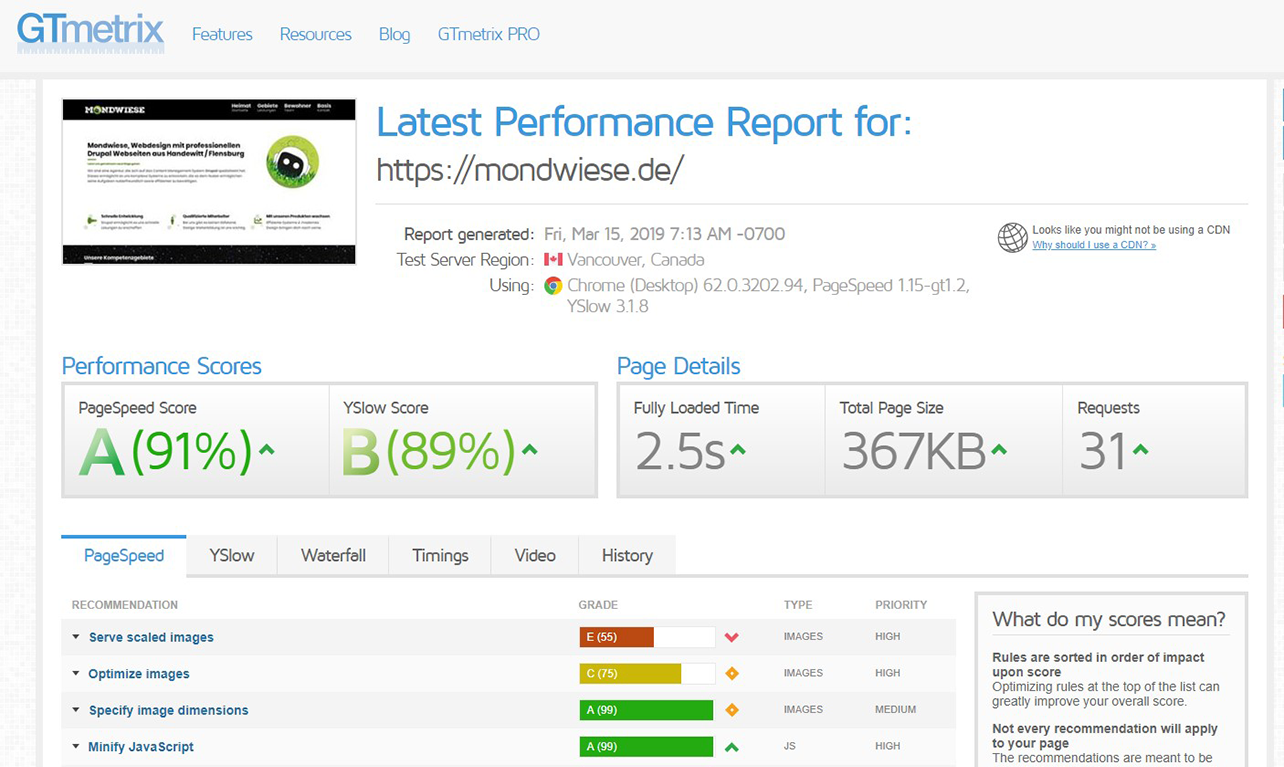 SEO Test - Ergebnis GTmetrix, vor der Optimierung der Website Ergebnis GTmetrix, vor der Optimierung der Website - rating a and b