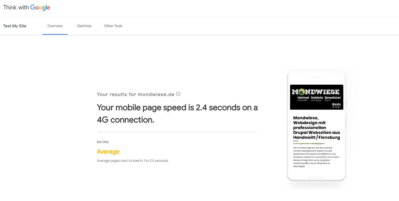 SEO Test - Ergebnis Think with Google Test, nach der Optimierung der Website Ergebnis Think with Google, nach der Optimierung der Website - rating average