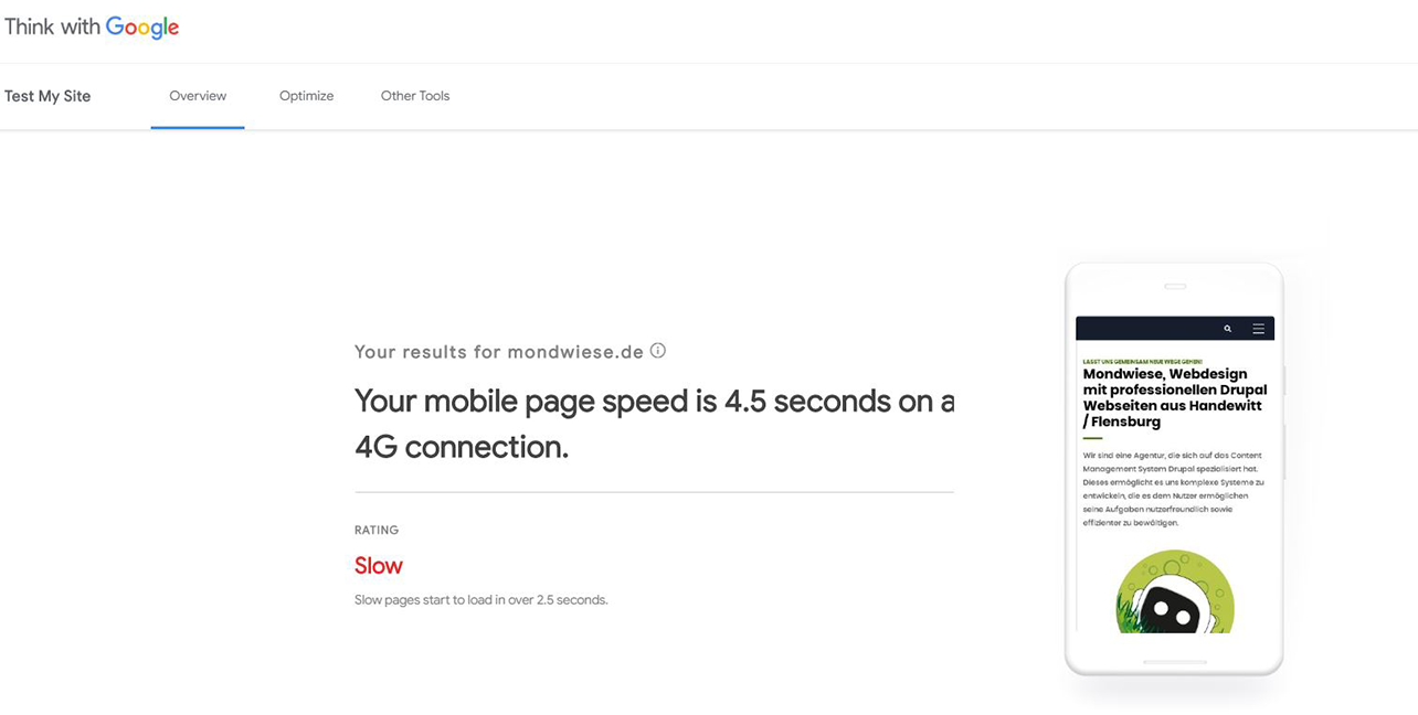 SEO Test - Ergebnis Think with Google Test, vor der Optimierung der Website Ergebnis Think with Google, vor der Optimierung der Website - rating slow