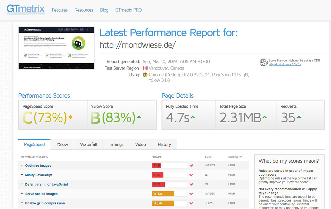 SEO Test - GTmetrix Test, vor der Optimierung der Website Ergebnis GTmetrix , vor der Optimierung der Website - rating c and b