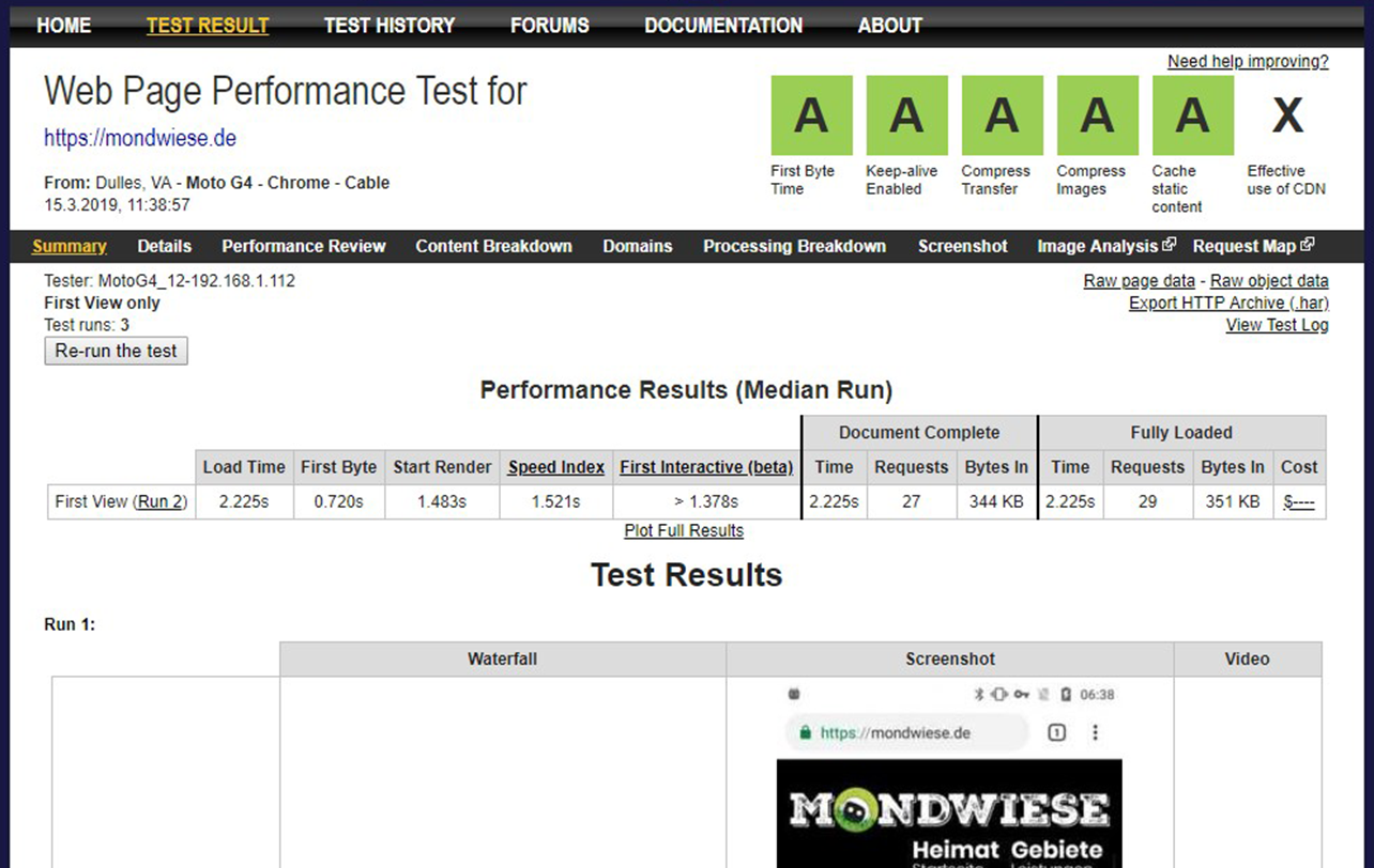 SEO Test - Ergebnis Webpagetest, nach der Optimierung der Website Ergebnis Webpagetest, nach der Optimierung der Website - result AAAAA