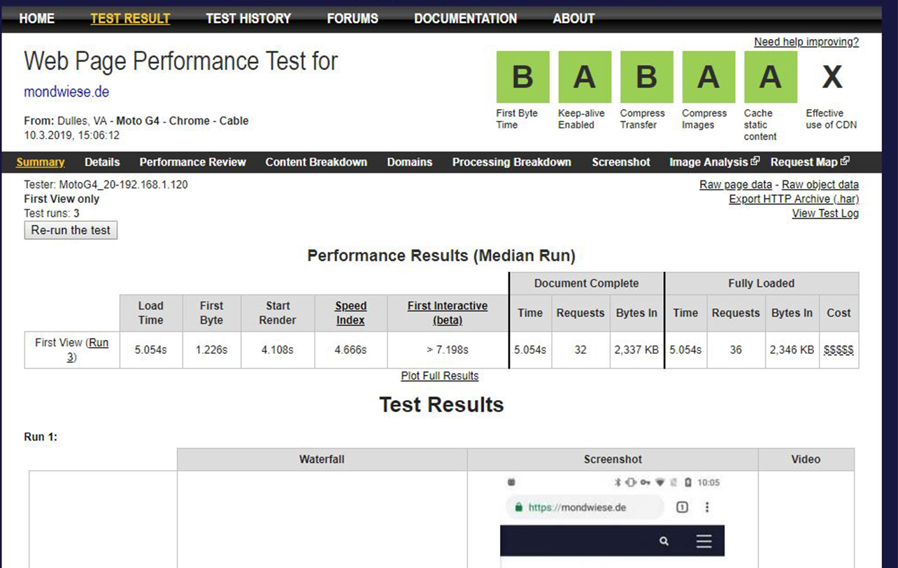 SEO Test - Webpagetest Test, vor der Optimierung der Website Ergebnis Webpagetest, vor der Optimierung der Website - result BABAA